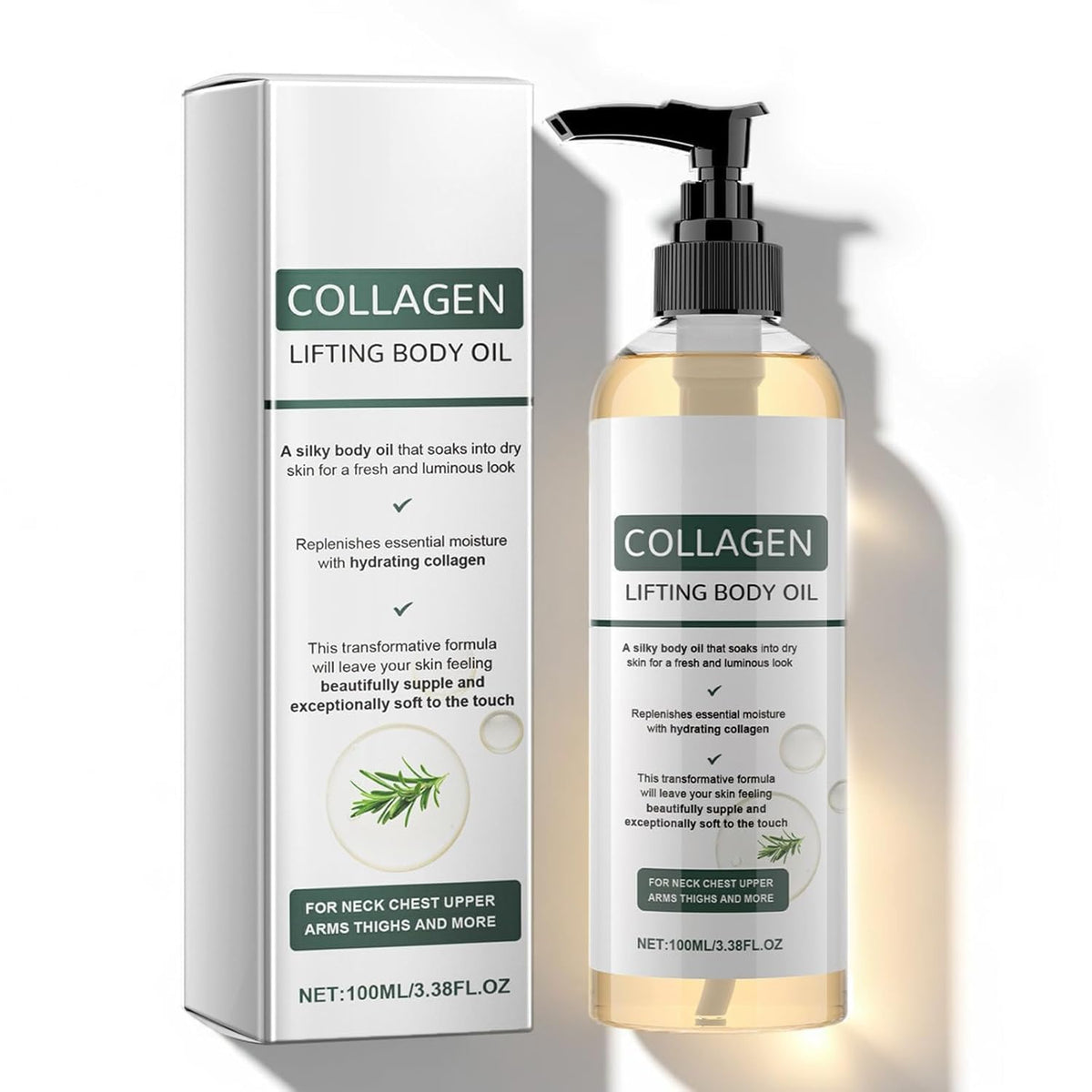 Generic brand front bottle of collagen lifting body oil showing sleek packaging and size