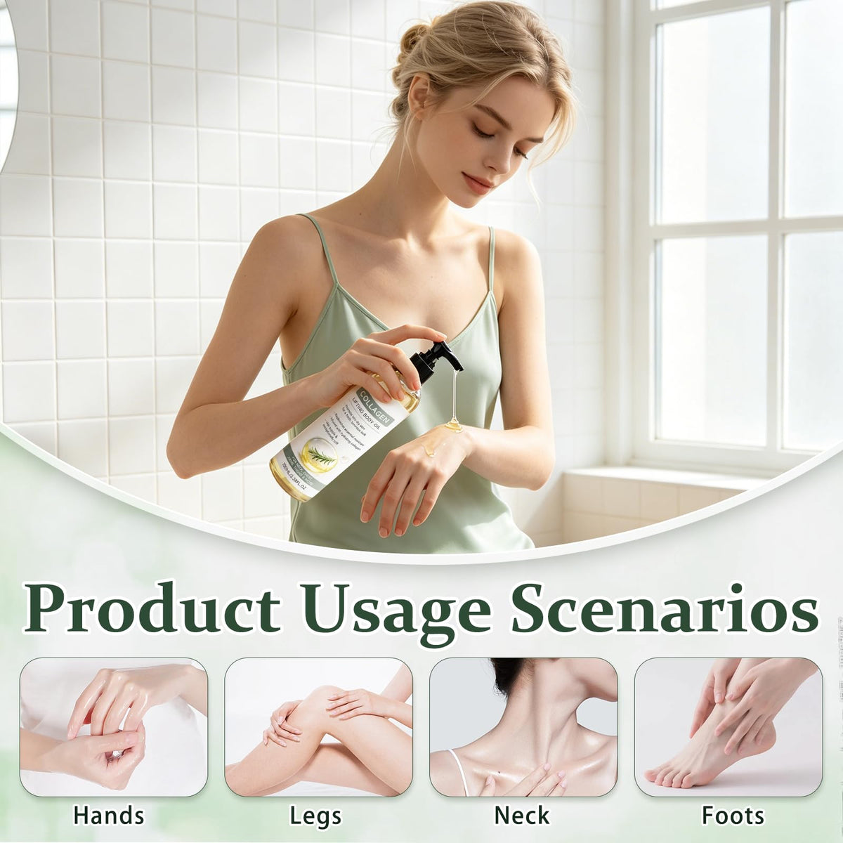 Generic applying collagen oil to neck showing firming and hydration benefits