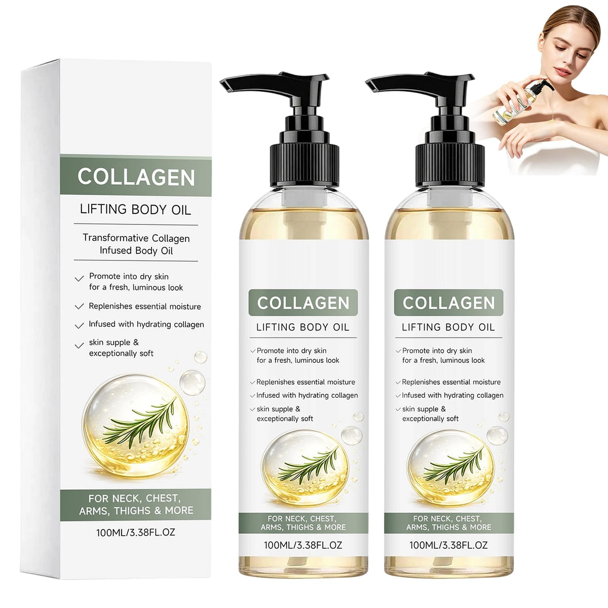 Generic collagen oil front bottles showing packaging and dual pump convenience
