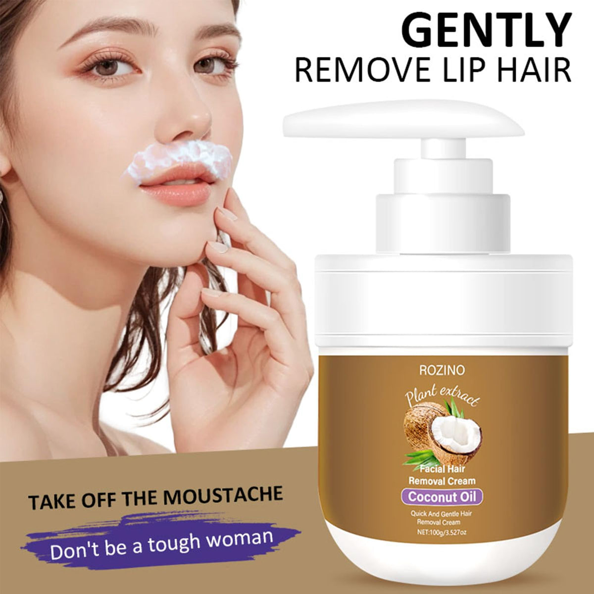 Generic facial hair removal cream pump head close-up demonstrating easy first-time activation
