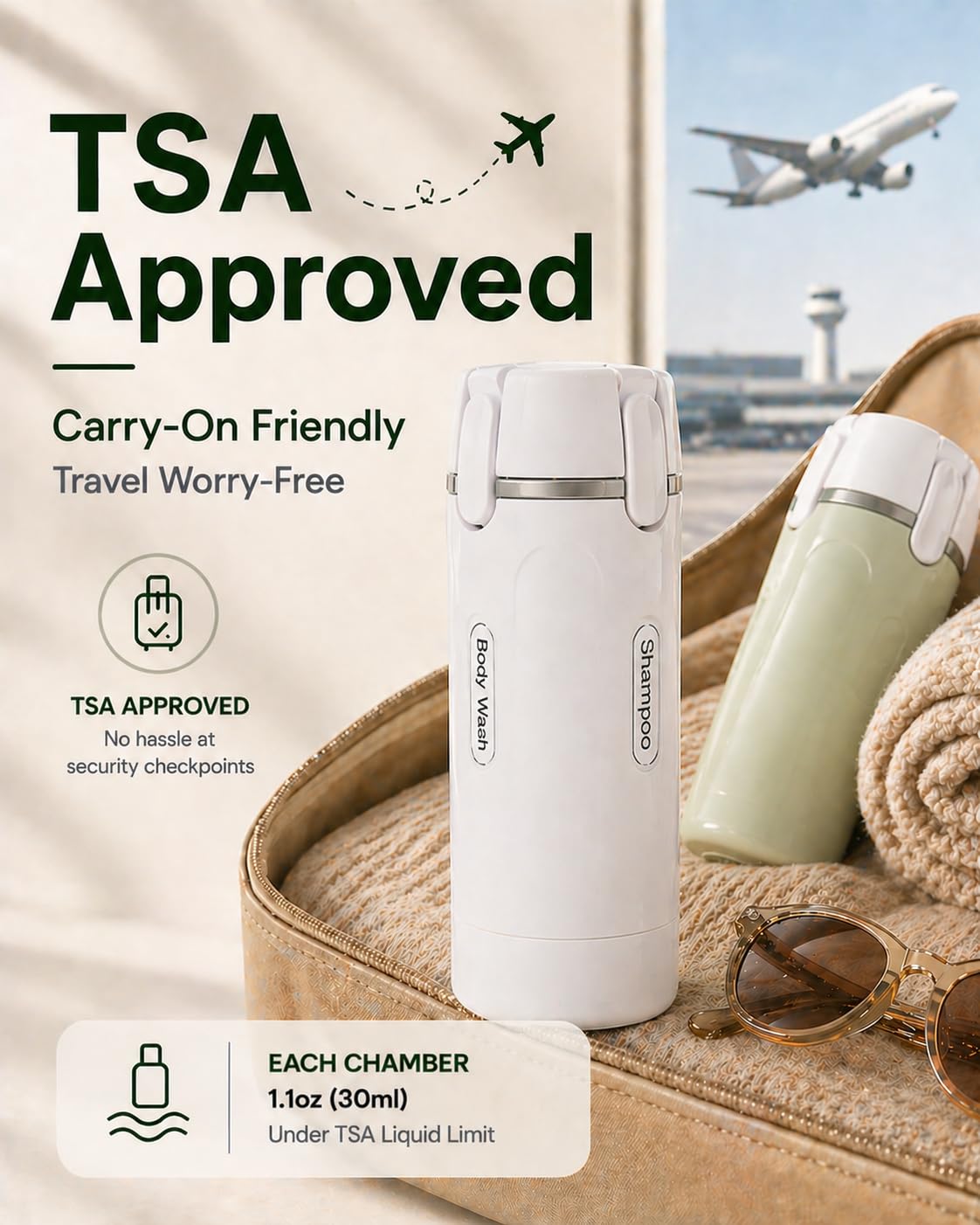 Generic brand interior view of four labeled chambers offering organized toiletry storage benefit