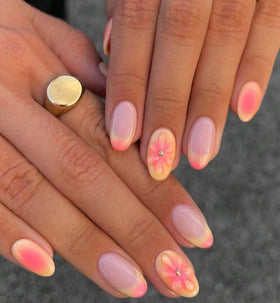 Generic brand front packaging showing 24PCS almond press-on nails and benefits