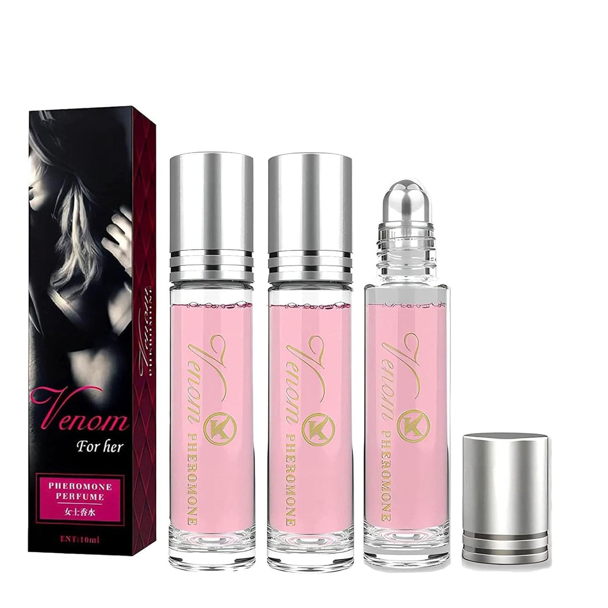 Generic brand front packaging showing three roll-on vials and portability benefit