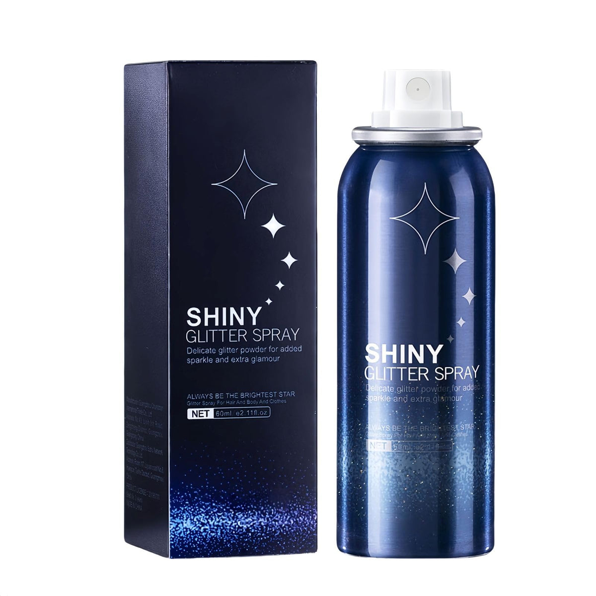 Generic body glitter spray can front view showing compact design and benefit fast sparkle