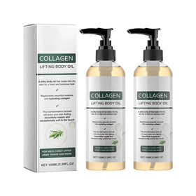 Generic front packaging showing two collagen body oil bottles, convenient travel benefit