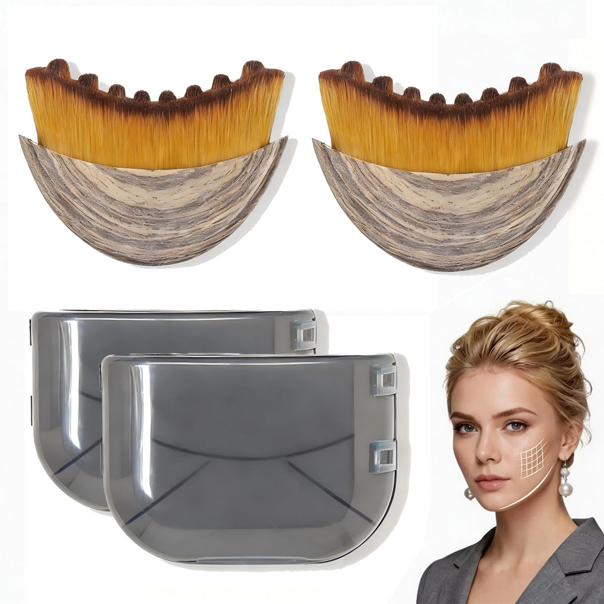 Generic front view of contour face brush set showing ergonomic design and travel case benefit
