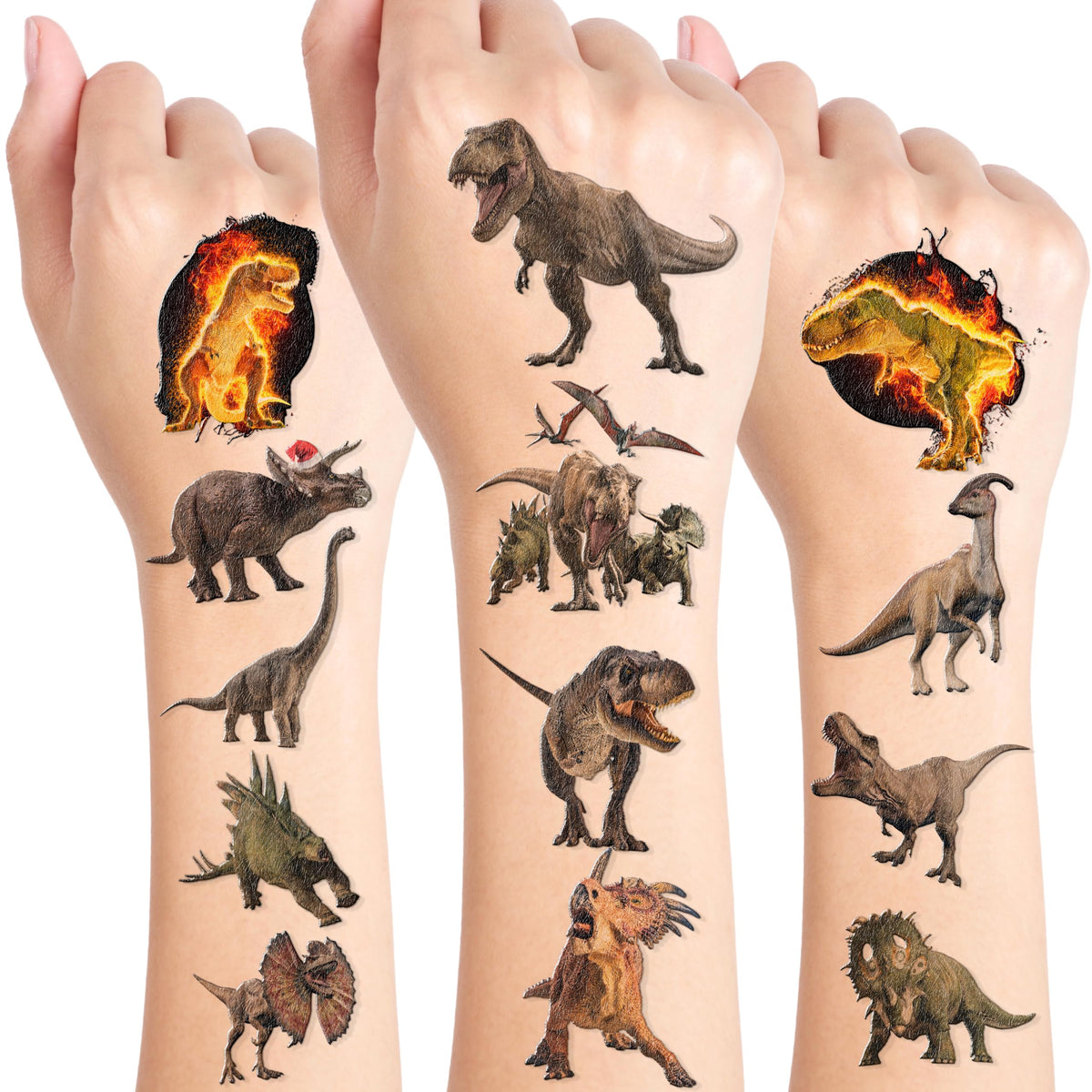 Generic brand front packaging showing 96 dinosaur tattoos and benefit of ready-to-use