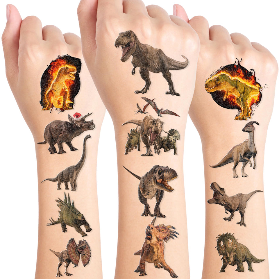 Generic brand front packaging showing 96 dinosaur tattoos and benefit of ready-to-use