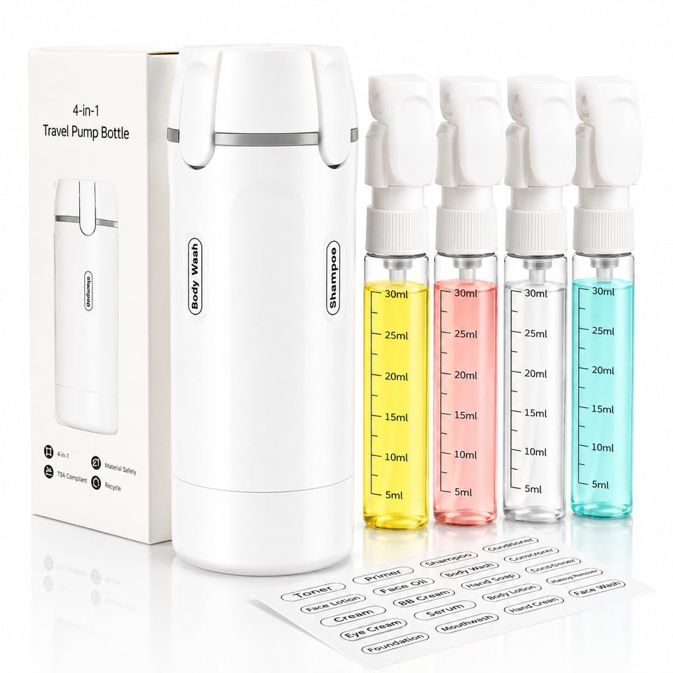 Generic brand front view of travel dispenser showing slim profile and labels for quick packing benefits