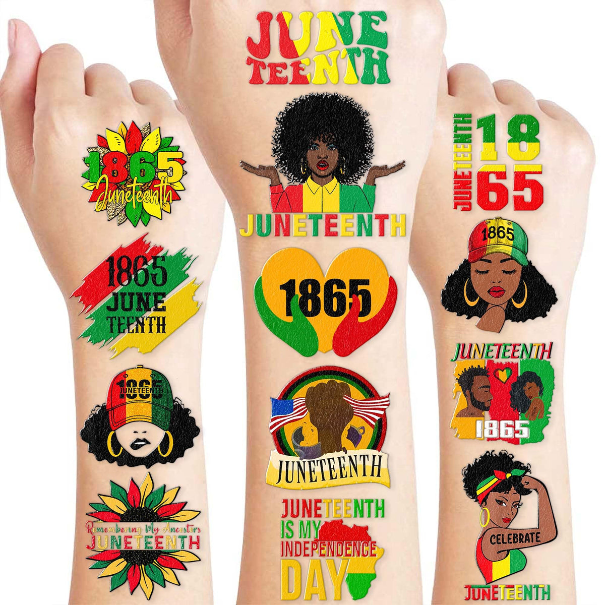 Generic front packaging showing Generic brand Juneteenth tattoos, clear set overview and benefit