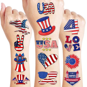 Generic brand front packaging showing 96 patriotic tattoos and contents benefit