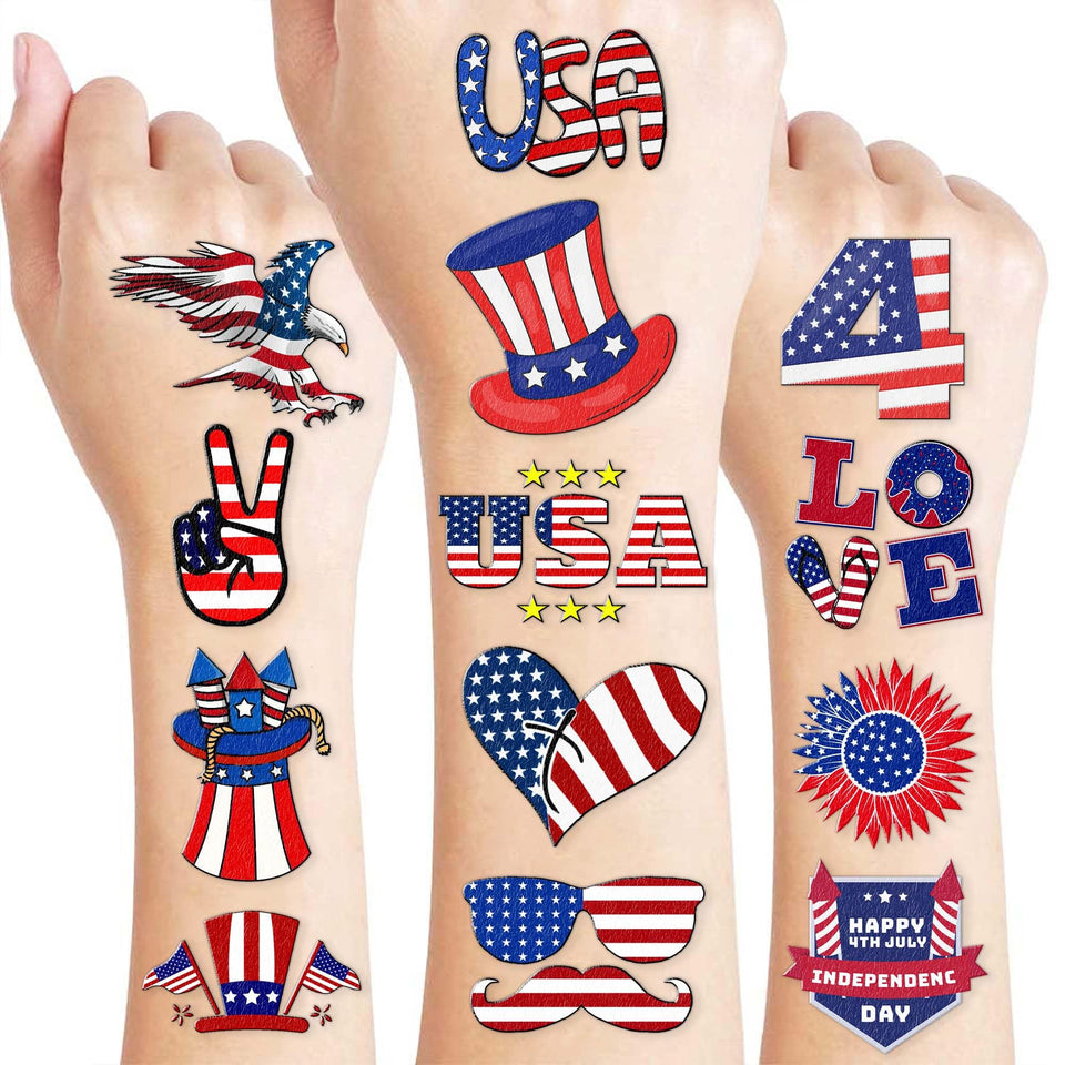 Generic brand front packaging showing 96 patriotic tattoos and contents benefit