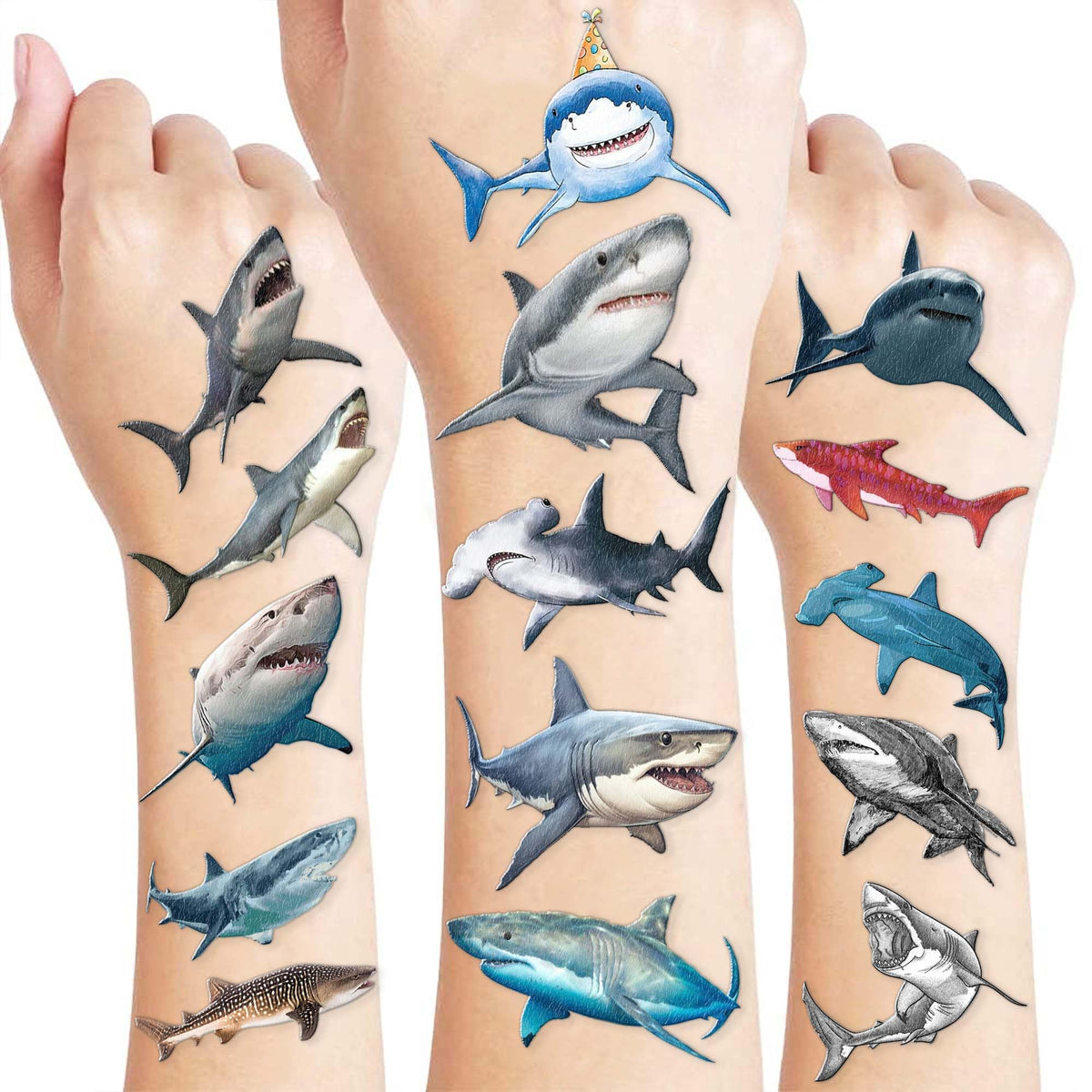 Generic front packaging showing shark tattoos, clear count and party-ready