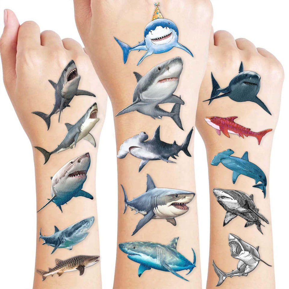 Generic front packaging showing shark tattoos, clear count and party-ready