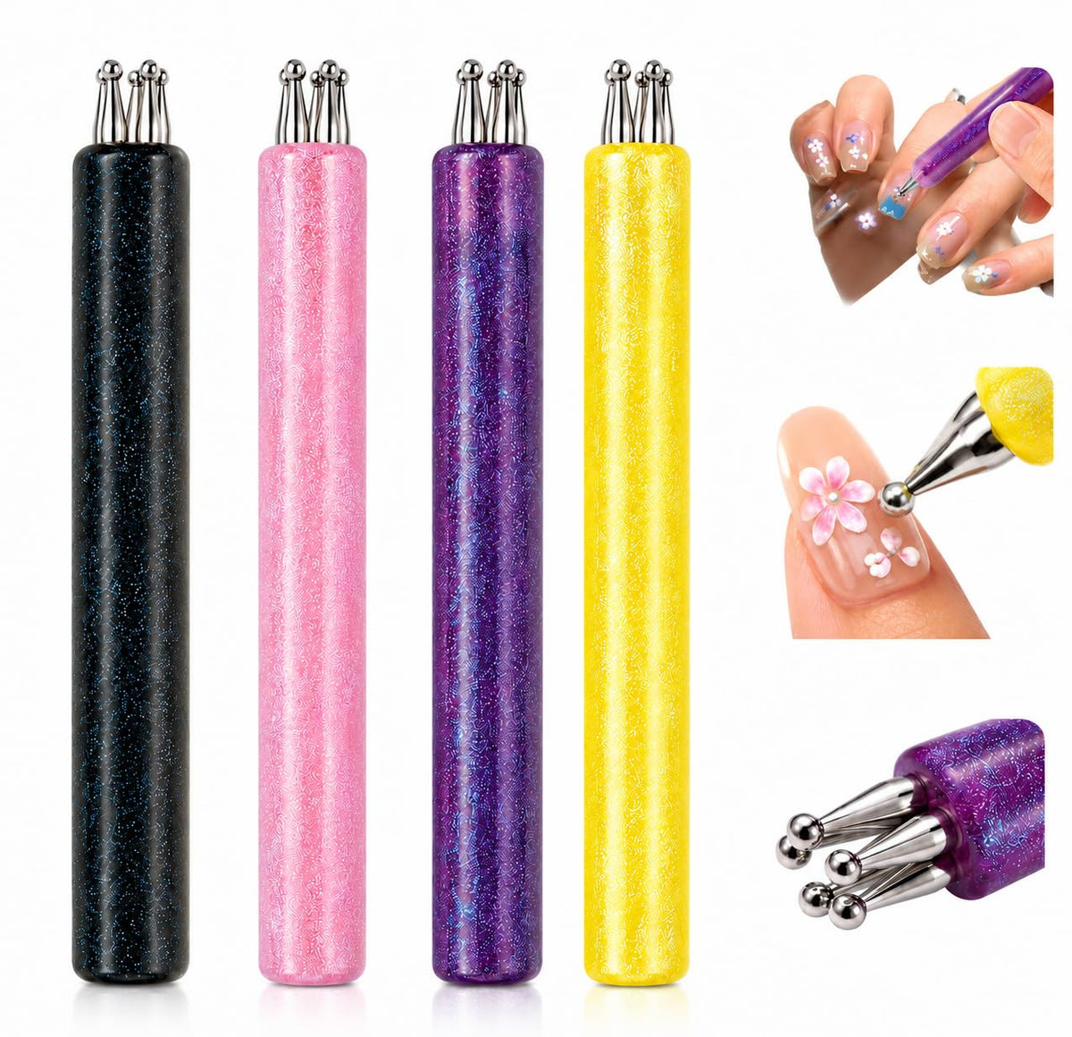 Generic front packaging showing all four glitter-handle dotting pens and benefits