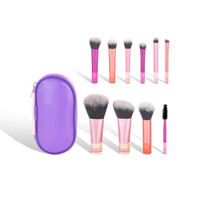 Generic front view of pouch with brushes neatly stored and travel-ready benefit