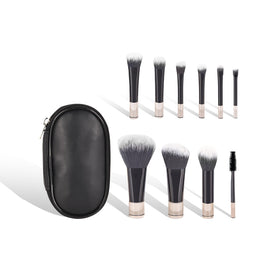 Generic compact brush set front view showing all ten brushes and pouch benefit portability