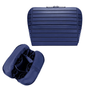 Generic front view of navy fold-down organizer showing compact profile and travel readiness