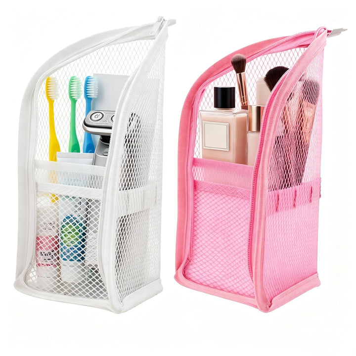 Generic front view of standing toiletry bags showing easy access benefit