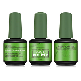 Generic gel nail polish remover front packaging showing three 15ml bottles for quick removal
