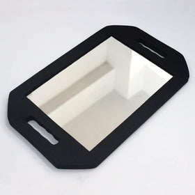 Generic mirror held by stylist offering client rear-head view for accurate assessment