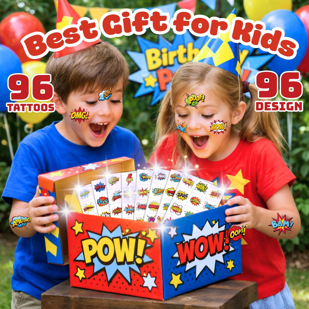 Generic child wearing hero tattoo on arm illustrating fun costume boost