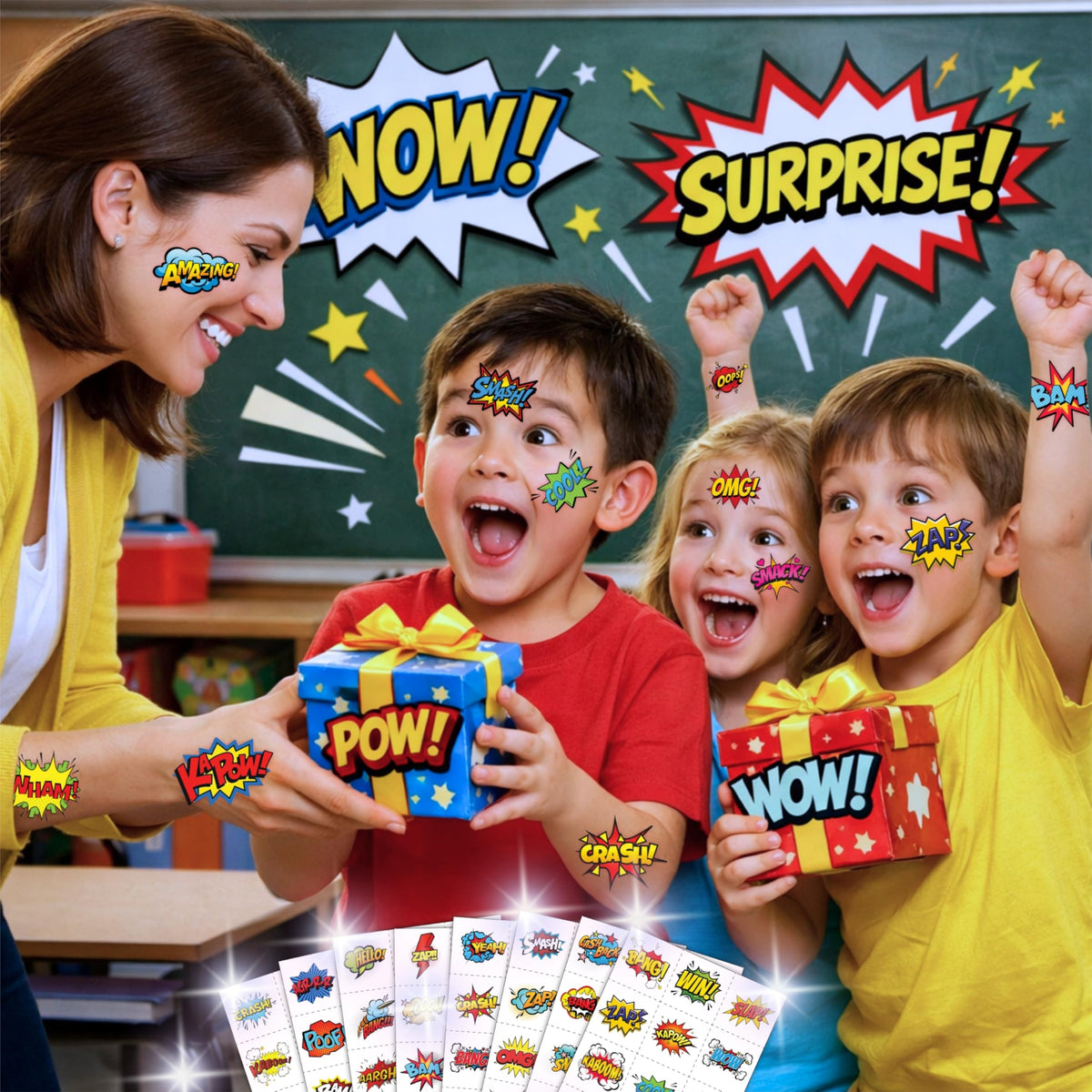 Generic party favor bags filled with hero tattoos for fast guest giveaways