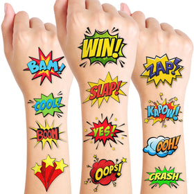 Generic hero temporary tattoos sheets front showing colorful designs and quantity benefit
