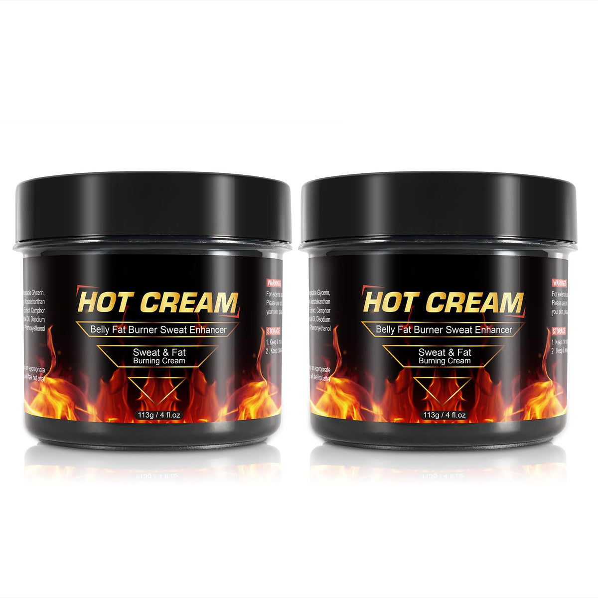 Generic hot sweat cream front packaging showing benefits and two-pack