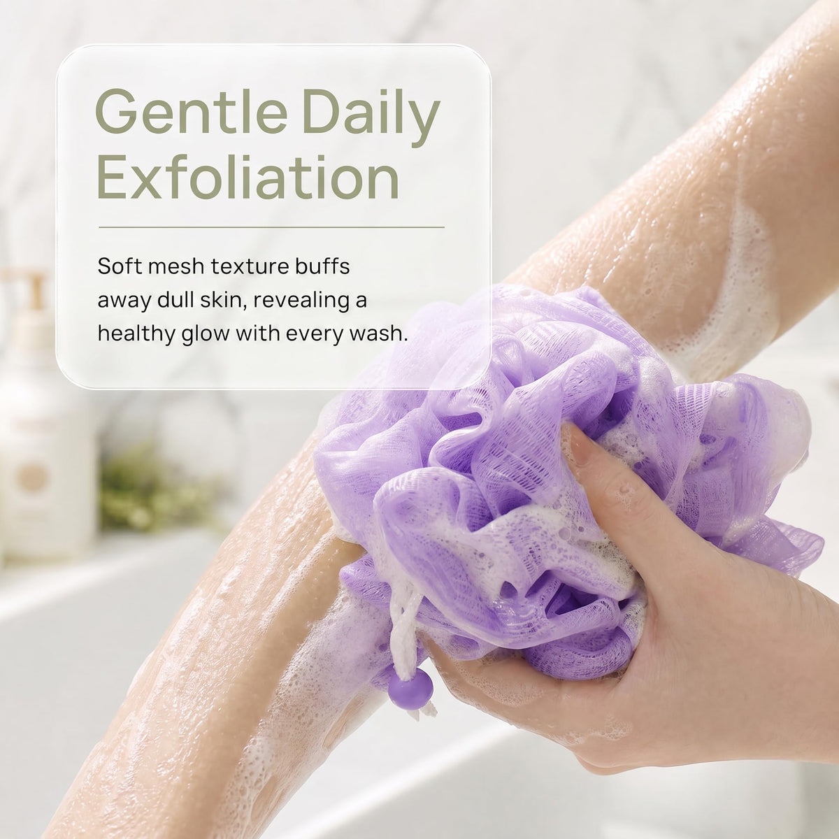 Generic pouch in use on skin in shower showing better lather benefit
