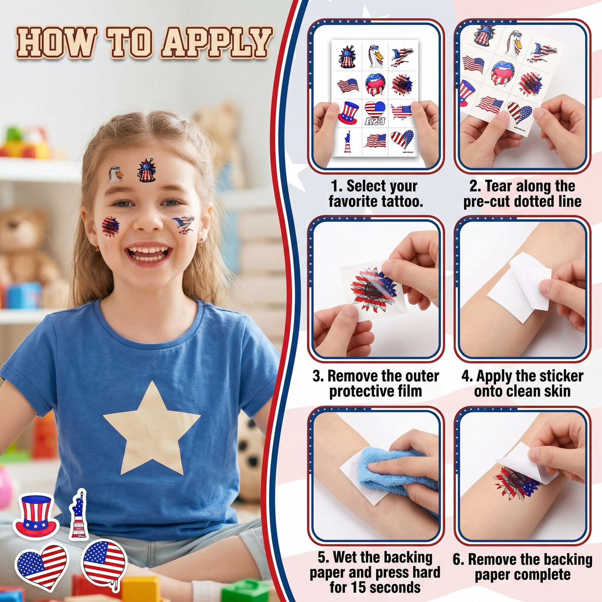 Generic brand child wearing tattoos at parade adding festive patriotic spirit benefit