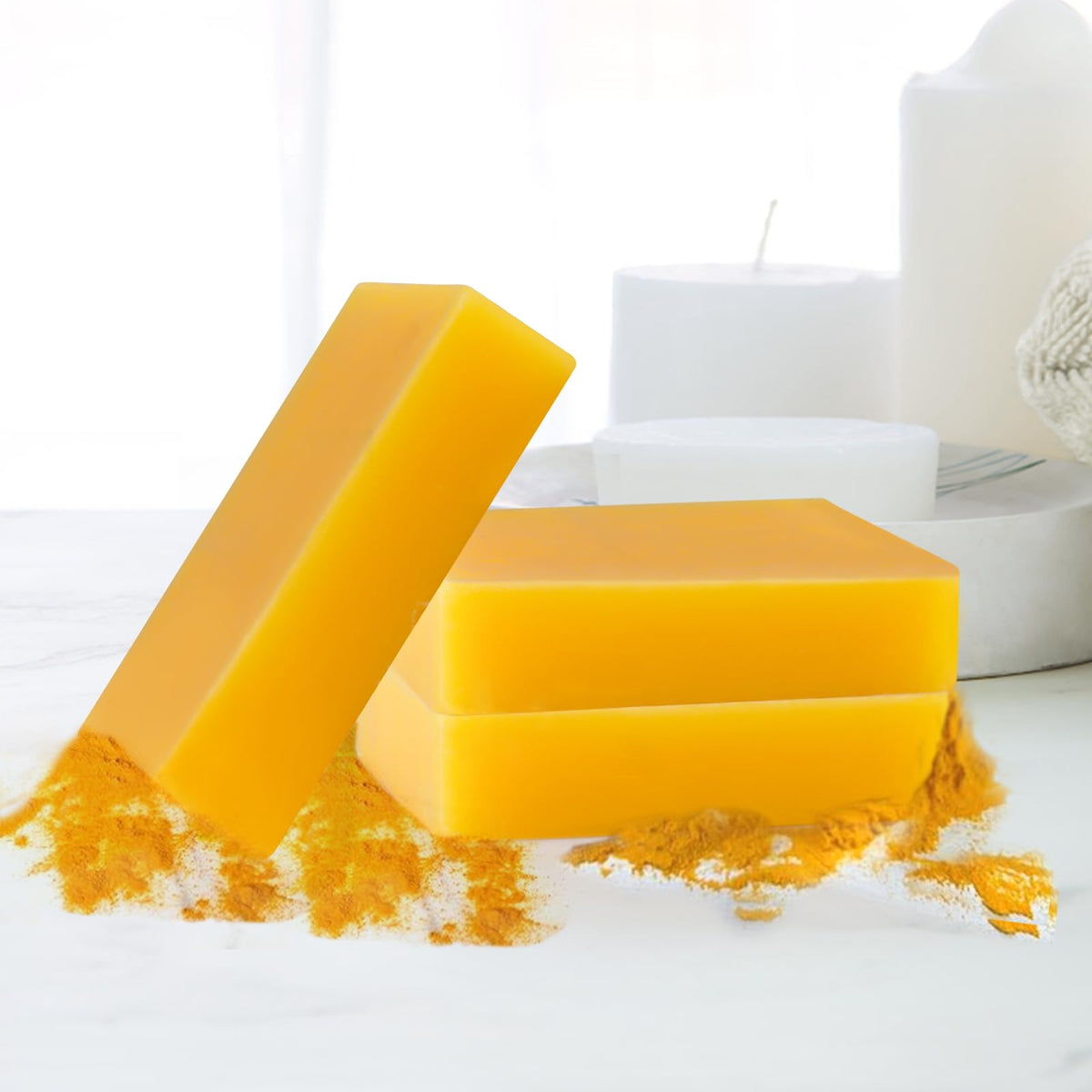 Generic lemon turmeric soap in hand showing size and easy travel-friendly benefit