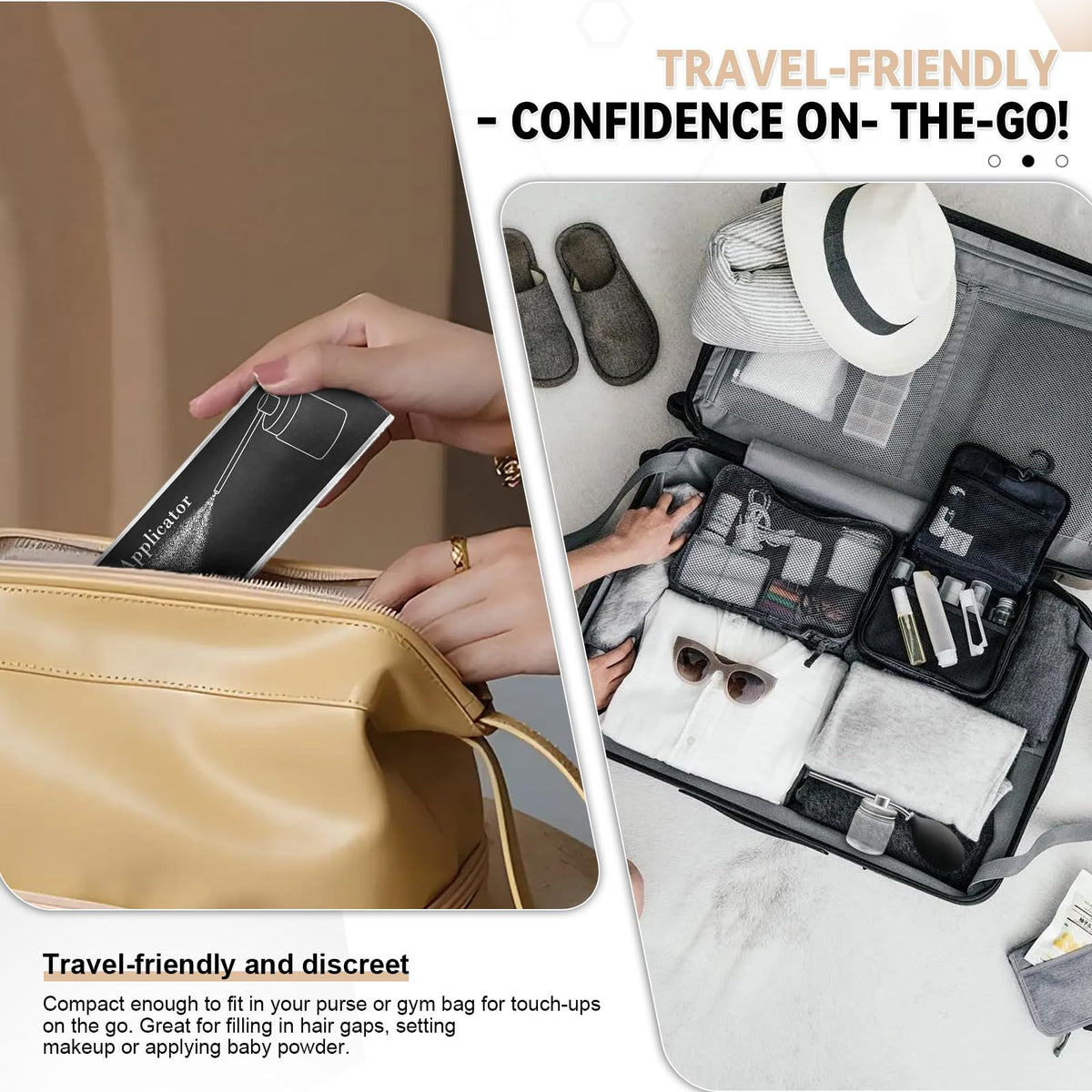 Generic bottle in purse showing travel-ready convenience benefit