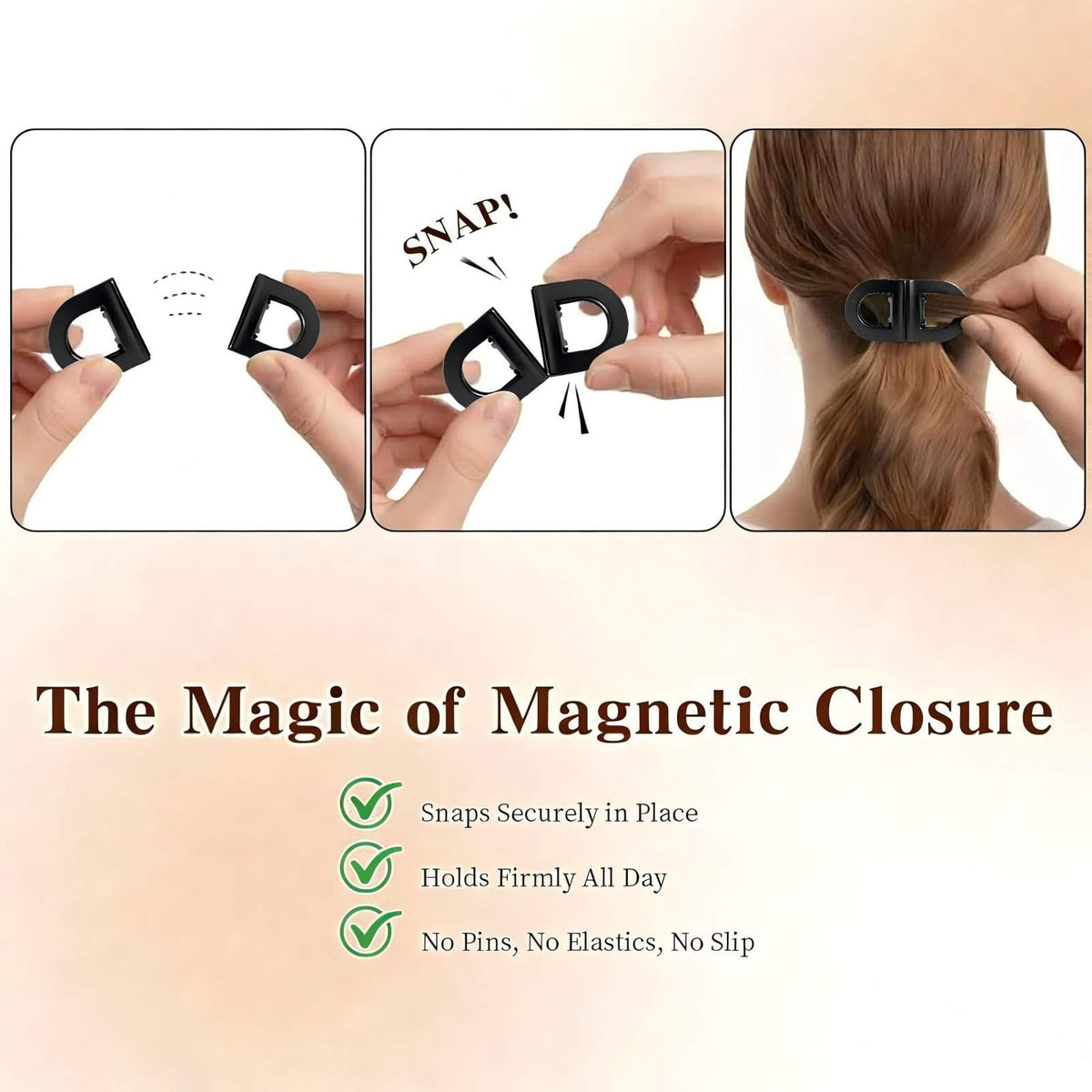 Generic magnetic hair clips in kitchen use showing hands-free convenience