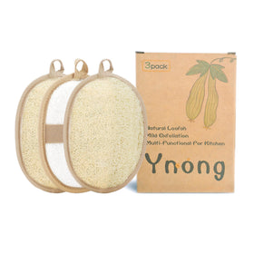 Generic loofah front view showing three pads and eco packaging benefit
