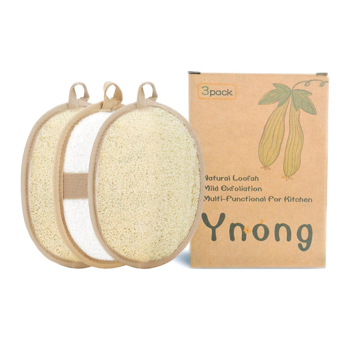 Generic loofah front view showing three pads and eco packaging benefit