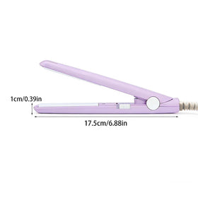 Generic mini flat iron held in hand to show size and travel-friendly convenience