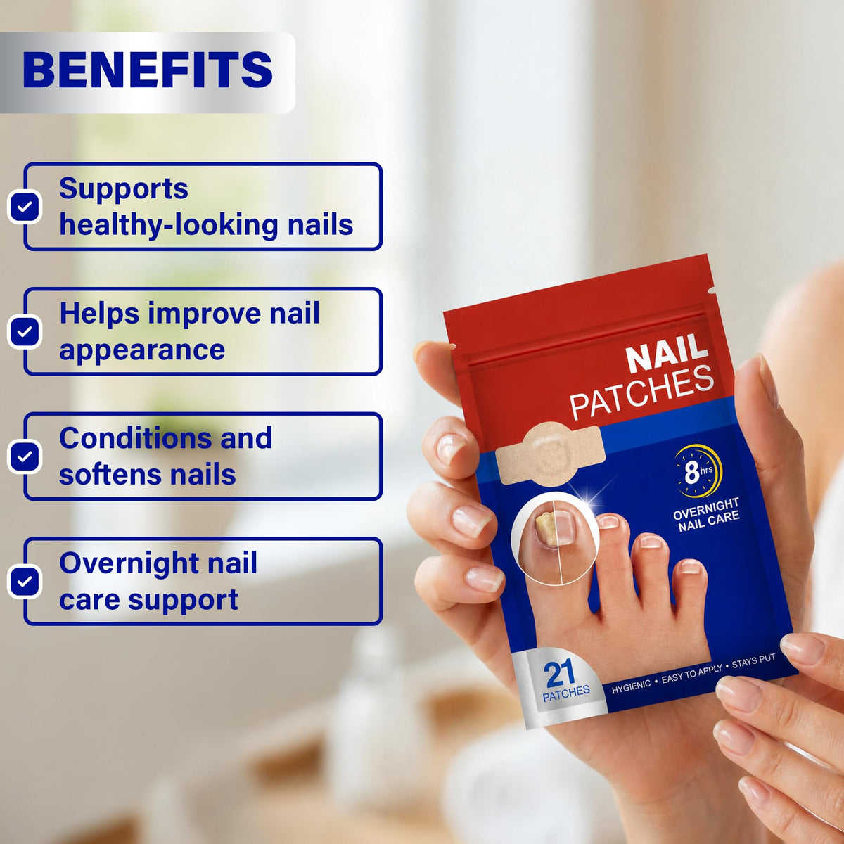 Generic patch on fingernail demonstrating easy peel-and-stick application benefit