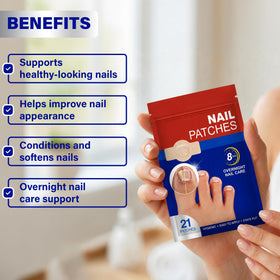 Generic patch on fingernail demonstrating easy peel-and-stick application benefit
