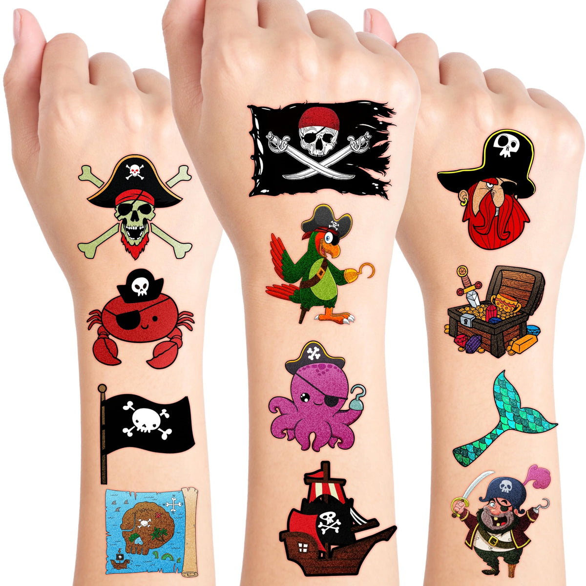 Generic brand front packaging showing 96 pirate tattoos and party-ready display