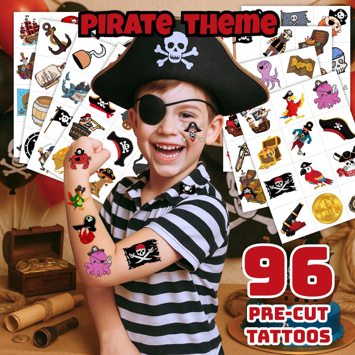 Generic brand close-up of a tattoo sheet showing colorful pirate designs clearly