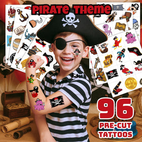 Generic brand close-up of a tattoo sheet showing colorful pirate designs clearly