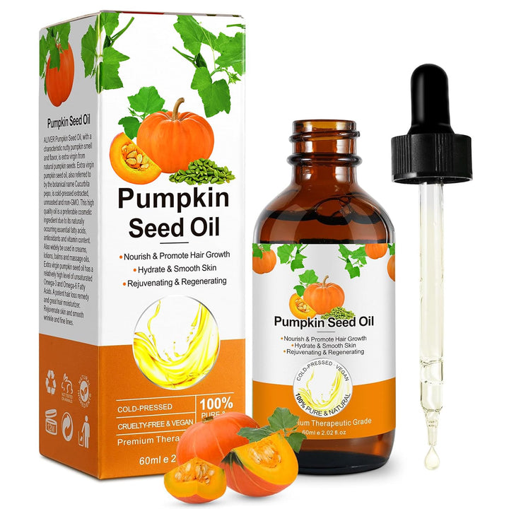 Generic pumpkin seed oil front bottle showing packaging and compact size for travel