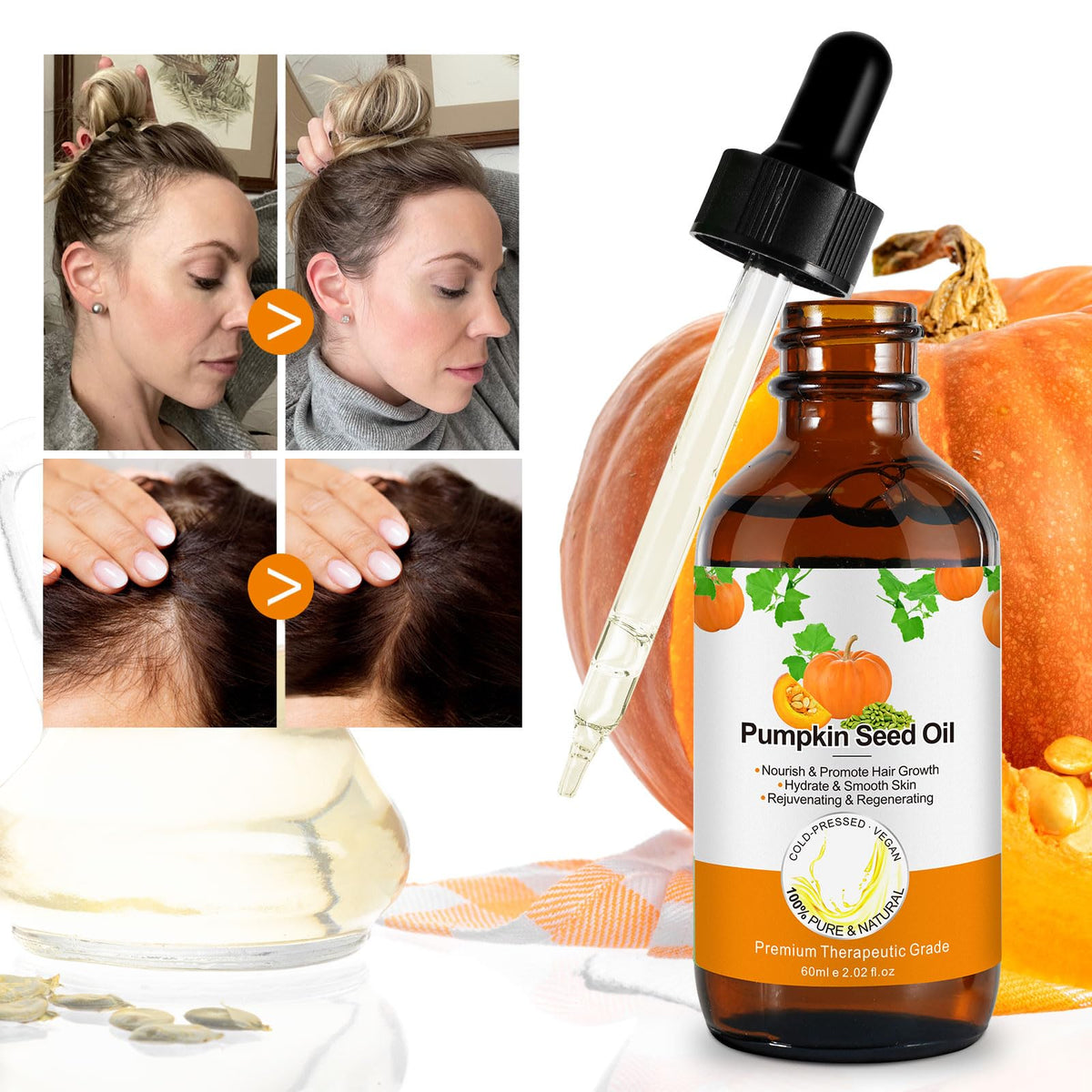 Generic pumpkin seed oil applied to hair ends to reduce frizz and add shine