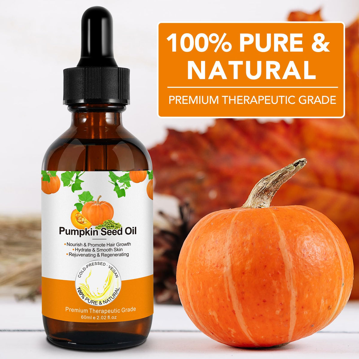 Generic pumpkin seed oil label closeup highlighting cold-pressed purity and details