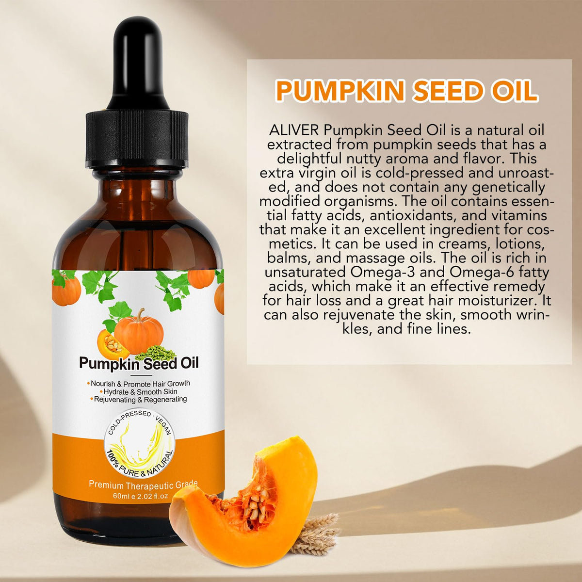 Generic pumpkin seed oil pouring texture demonstrating lightweight absorption benefit
