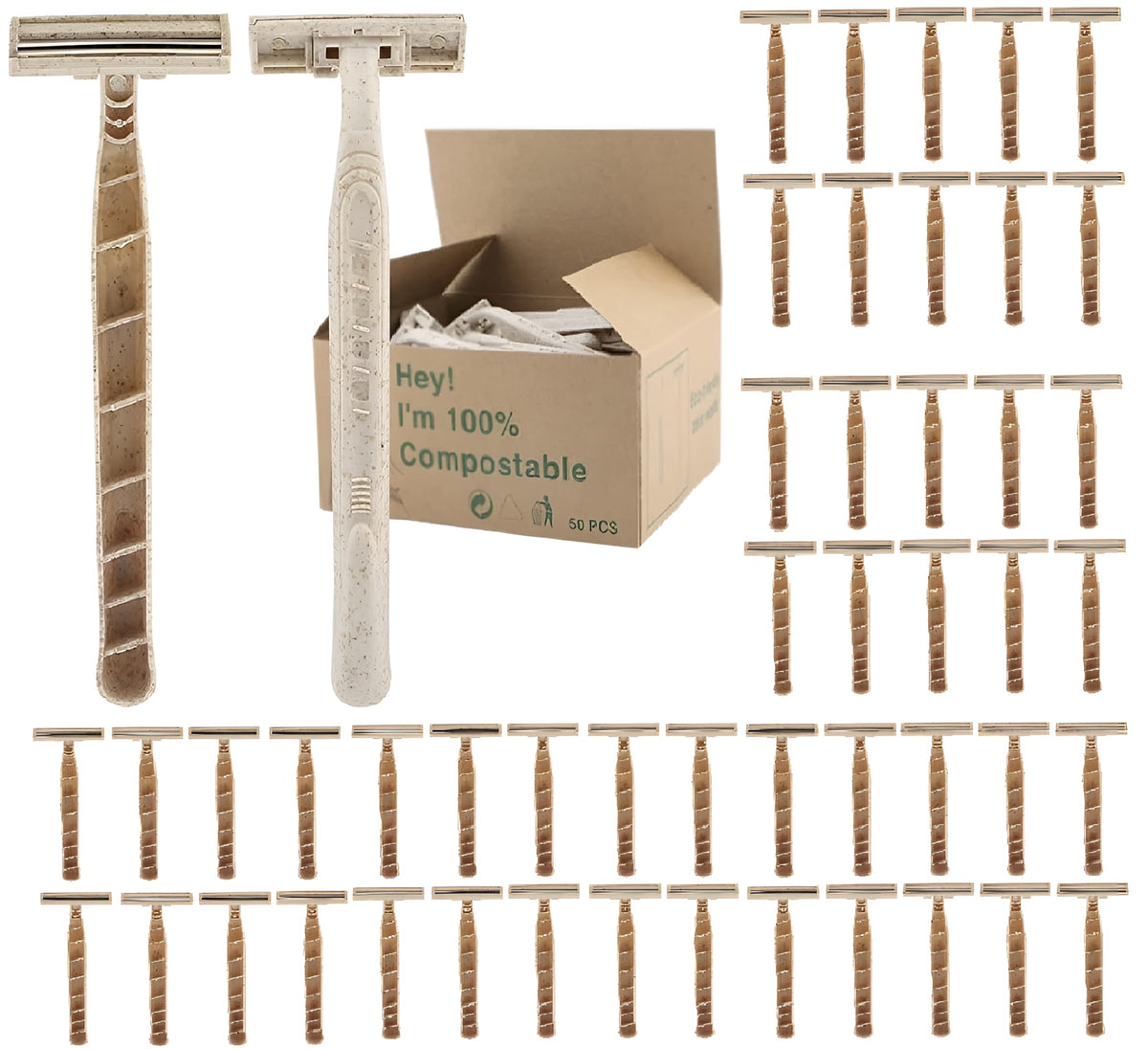Generic twin blade razors front package showing eco-friendly 50 count
