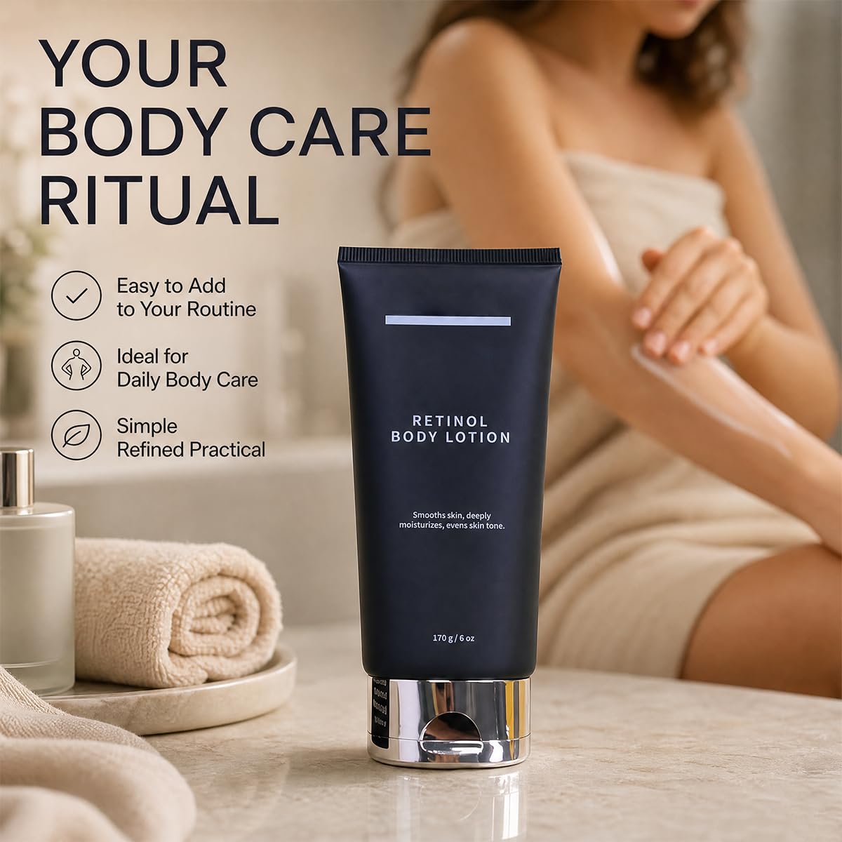 Generic retinol body lotion with ceramide and shea butter ingredients shown