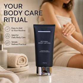Generic retinol body lotion with ceramide and shea butter ingredients shown