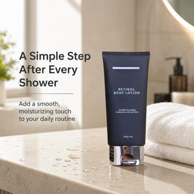Generic retinol body lotion on bathroom shelf in lifestyle setting